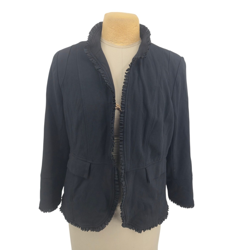 Chico's Blazer Jacket Women Size 2 L 12 Black Ruffle Trim Professional Feminine